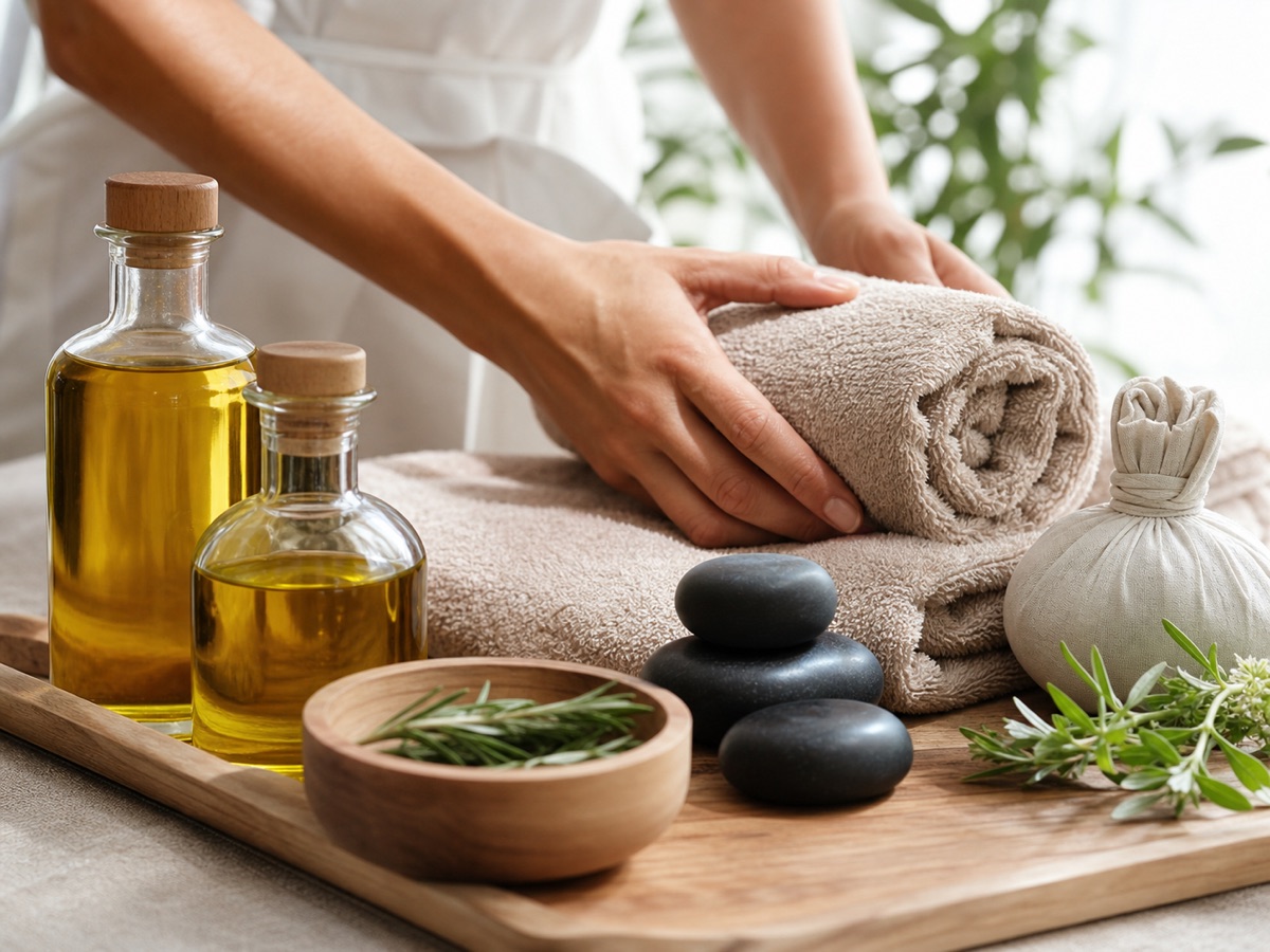 Fresh towels, massage oils, stones, and herbs prepared for therapy