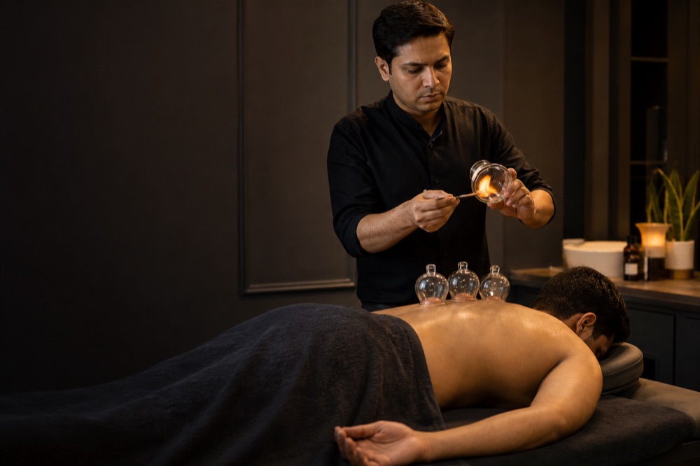 Therapist safely preparing a glass cup for fire cupping