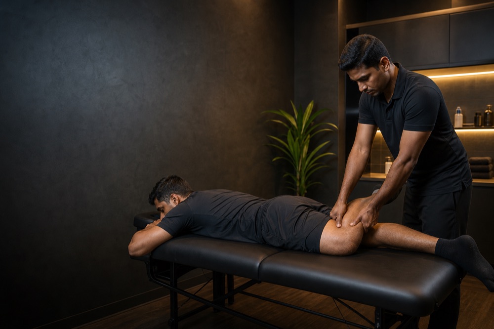 Sports massage focused on an athlete's leg recovery